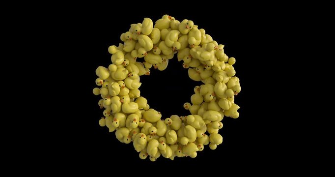 3D rubber duck ring animation forming a circular loop shape. Great for playful intros, kids content, bath themes, funny motion graphics, and transparent background projects.