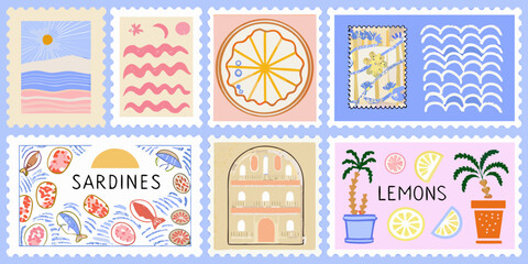 Collection of illustrated postage stamps with summery and coastal themes © SreeDulal