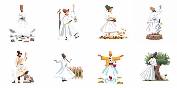 Collection of Whirling Dervish Illustrations Depicting Sufi Traditions, Dancing, Meditation, and Spiritual Journey in Various Symbolic Settings