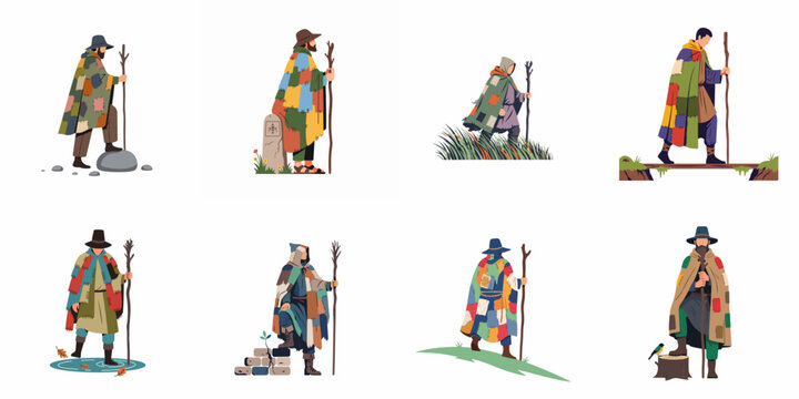 Set of eight medieval pilgrims and wanderers in patchwork cloaks with walking staffs, isolated on a white background.