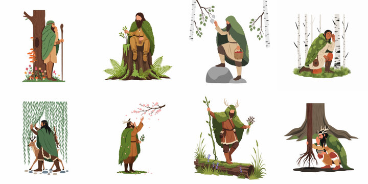 Set of flat vector illustrations depicting druids and forest dwellers interacting with nature, gathering herbs, and living in harmony with the woodland environment.