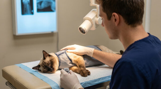 Professional Veterinarian Performing X-ray Examination on Siamese Cat in Modern Clinic. Concept of veterinary medicine, pet healthcare, and professional medical diagnostics for animals.