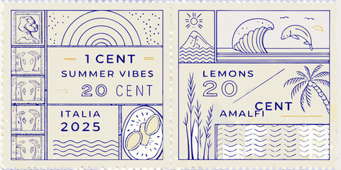 Stylized postage stamps depict summer themes and italian coastal imagery © SreeDulal