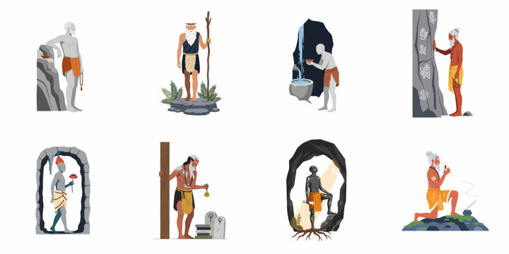 Illustrations of ascetic hermits and monks in various spiritual poses, meditating in caves and natural environments, representing ancient wisdom and solitude.