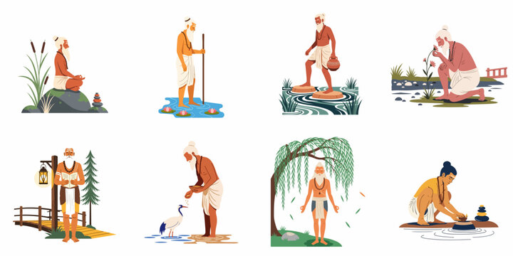 Illustrations of Indian sadhus and yogis in spiritual activities like meditation, reading scriptures, and connecting with nature, presented in a clean flat design style.