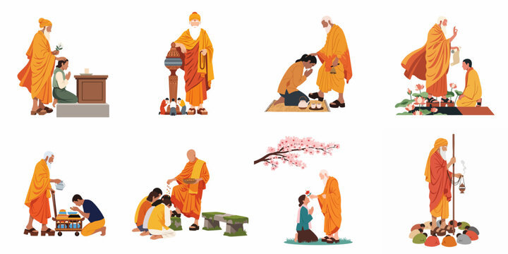 Flat vector illustrations set of Buddhist monks and gurus performing traditional religious ceremonies, blessings, and spiritual rituals with their followers.