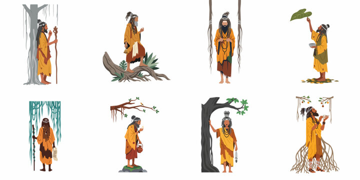 Flat vector illustration set of a wandering Indian ascetic or Sadhu in various nature-inspired spiritual poses and settings.