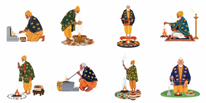 Vector illustrations set of an elderly Indian Hindu priest performing various traditional religious rituals, ceremonies, and holy fire offerings in traditional attire.