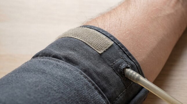 Close-up of an arm wearing a medical blood pressure cuff or monitor band