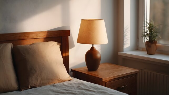 A sunlit bedroom scene featuring a bedside lamp on a wooden nightstand next to a bed with pillows bathed in warm morning light