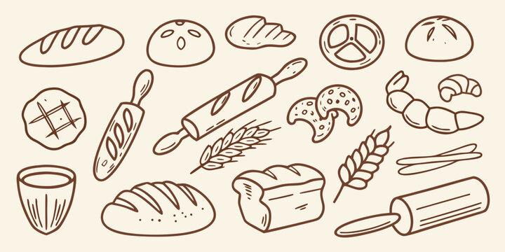 A hand drawn collection of various breads pastries and baking tools