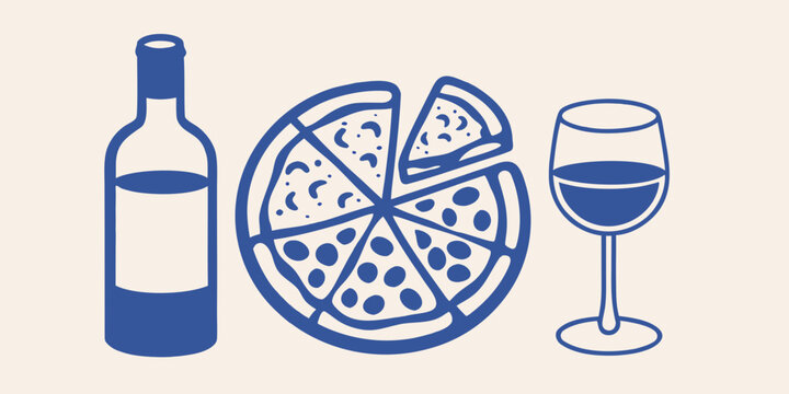 A blue illustration depicting a pizza wine bottle and wine glass