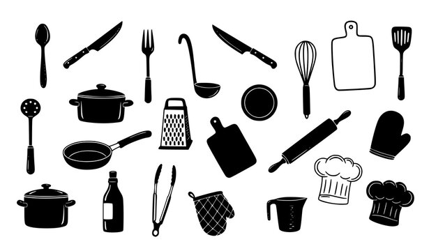 Hand drawn kitchen tools silhouette vector set with chef hat simple cooking utensil collection isolated on white background