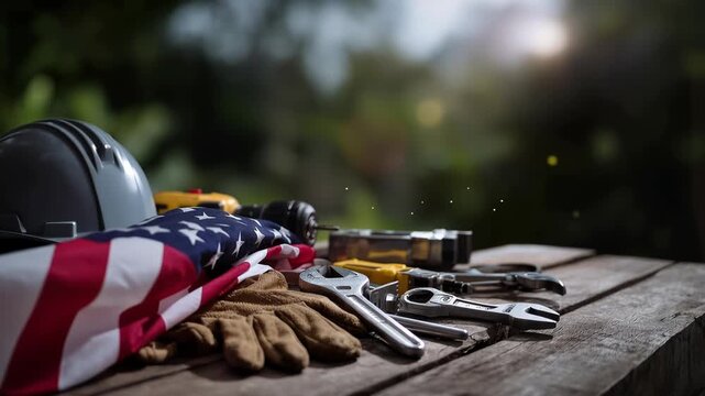 Labor Day USA: Tools, Flag, Gloves on Rustic Wooden Table Outdoors