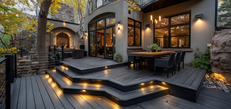 Luxurious modern outdoor deck with ambient lighting and dining area overlooking natural surroundings