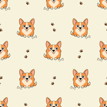 Adorable welsh corgi puppy seamless pattern with dog bones and paws
