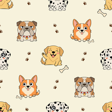 Seamless pattern with cute cartoon dogs corgi dalmatian bulldog and golden retriever
