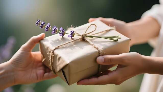 Rustic gift box wrapped in brown kraft paper with lavender, hands giving handmade present, eco-friendly sustainable packaging for holiday celebration