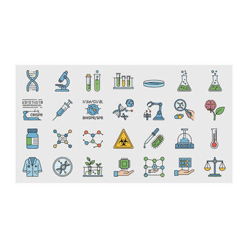 Scientific research and laboratory icons collection for biology chemistry scienc