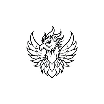 A stylized black and white illustration of a phoenix bird in flight