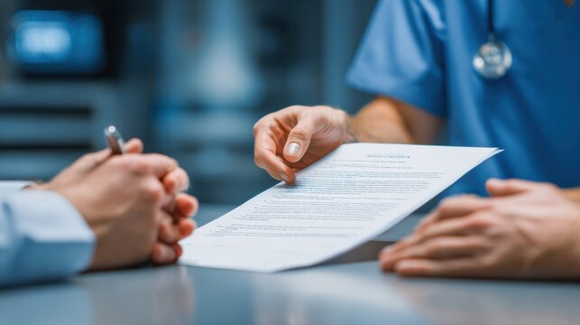 Surgeon Explains Procedure Consent Form to Patient in Warm Medical Environment During Informed Consent Process