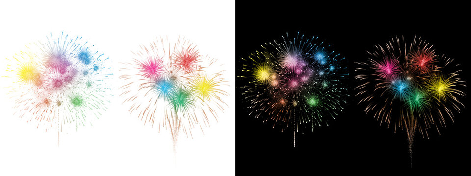 Vibrant multicolor rainbow fireworks in small peony clusters isolated on black background for festive party overlays