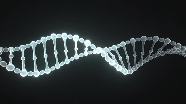 Glowing DNA double helix on a dark background, representing genetic code and biotechnology.
