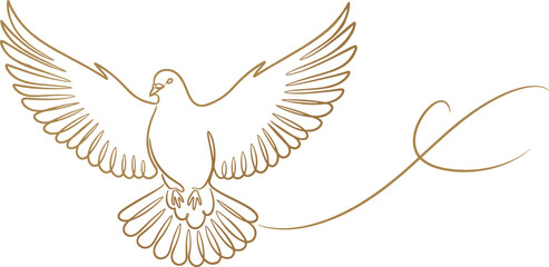 Obraz premium Golden continuous line vector illustration of dove bird in flight with spread wings, elegant flourish symbolizing peace and freedom