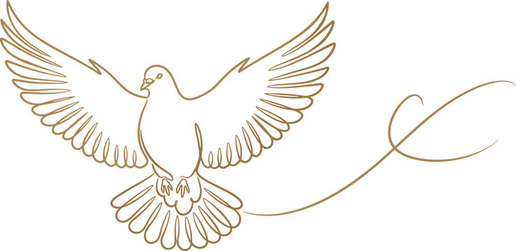 Golden continuous line vector illustration of dove bird in flight with spread wings, elegant flourish symbolizing peace and freedom