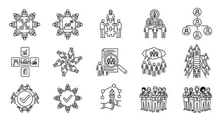 Obraz premium Business teamwork and collaboration icons set line style various office and partnership concepts