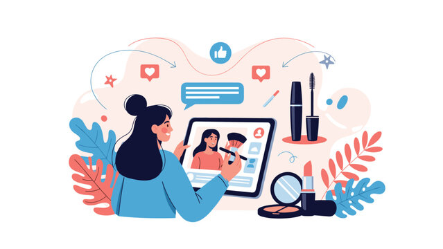 Beauty influencer records a makeup tutorial video using her digital tablet surrounded by cosmetic products and social icons.