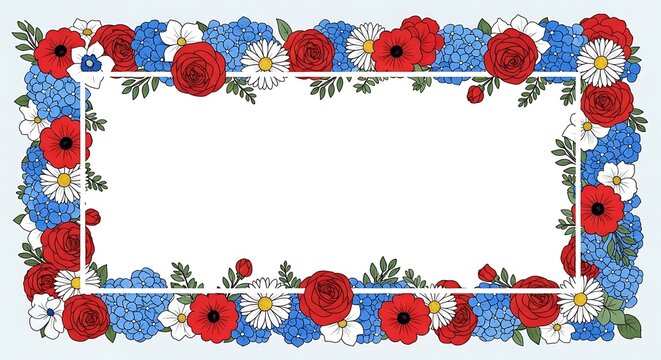 Vibrant floral border frame with red roses, blue hydrangeas, and white daisies on light blue background for decoration and design