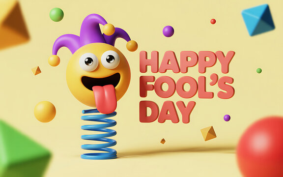 A playful jester emoji on a spring with colorful shapes and happy fools day text on a yellow background