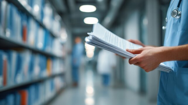 Healthcare Compliance Officer Reviews Regulatory Documents in Hospital Setting for Proper Healthcare Regulations and Medical Laws