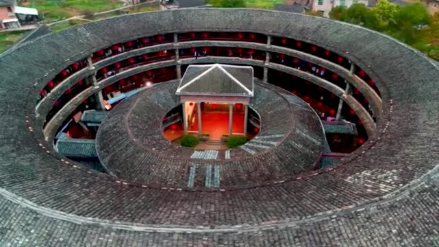 Aerial view of a traditional circular earthen building in china