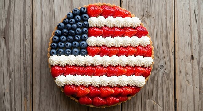 American flag dessert, strawberries, blueberries, and whipped cream on a wooden table