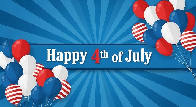 Happy 4th of july celebration with red white and blue balloons on blue background with sunburst