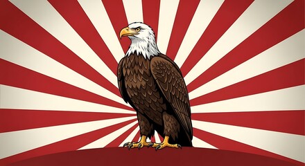 Naklejka premium American bald eagle standing on a red surface with a red and white sunburst background