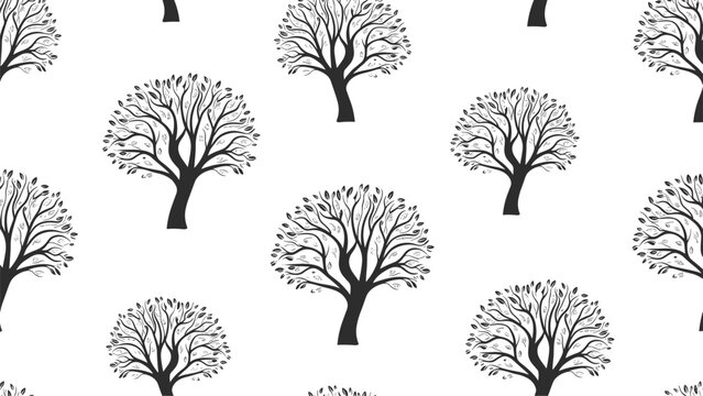 Elegant seamless pattern featuring hand-drawn black tree silhouettes with delicate leaves on a clean white background for nature themes.