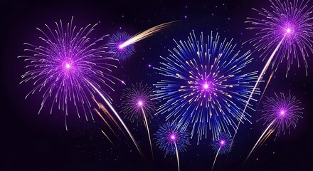 Fototapeta premium Vibrant purple and blue fireworks exploding in the night sky with bright sparks and trails