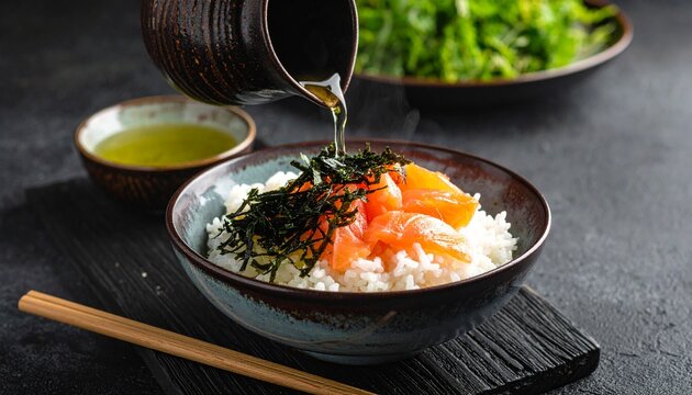 Pouring savory dashi sauce over a traditional Japanese salmon rice bowl.