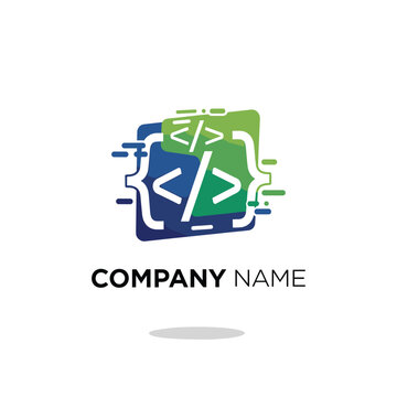 Abstract digital logo design featuring overlapping code brackets and angle brackets in blue and green, symbolizing programming and technology.