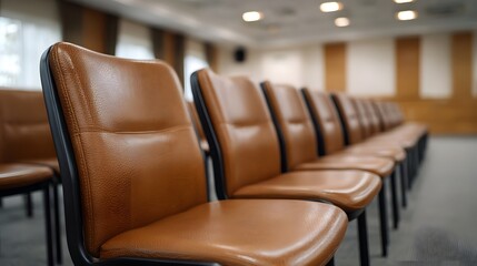 Fototapeta premium Empty brown leather chairs arranged in a conference hall