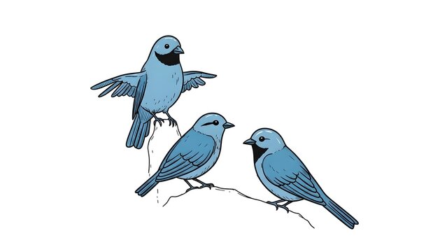 A lively illustration featuring three blue birds, one soaring with widespread wings and two resting on a branch, capturing a charming moment of avian life and natural tranquility