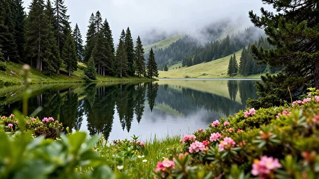 Mountain lake with forest and flowers