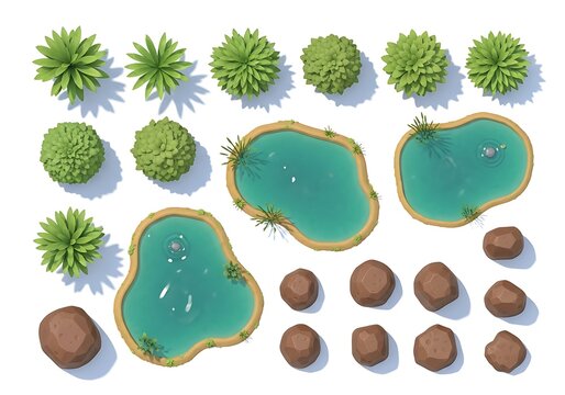 A collection of stylized game assets featuring various green trees small bushes several calm turquoise ponds and brown rocks arranged for top down map design