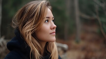 Naklejka premium Young woman in profile gazes thoughtfully into the distance against a softly blurred natural forest backdrop