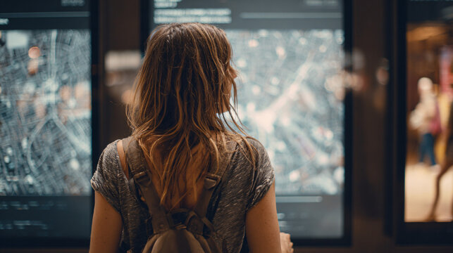 Person holding a small dog while looking at a digital map directory in a mall, representing a pet-friendly urban lifestyle and navigation technology.