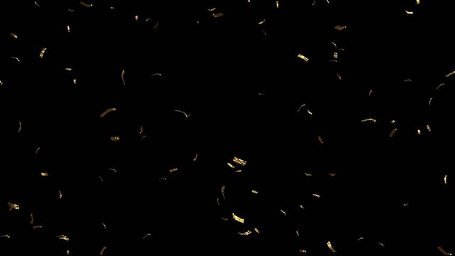 gold confetti video on transparent background with alpha channel. gold confetti falling in slow motion 3d rendering gold confetti particle flying include alpha matte. Double burst of confetti.	