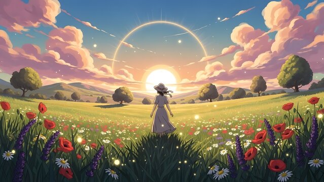 A solitary figure stands in a breathtaking meadow, gazing at a vibrant sunset with a celestial halo, surrounded by an enchanting tapestry of blooming wildflowers and a tranquil natural world